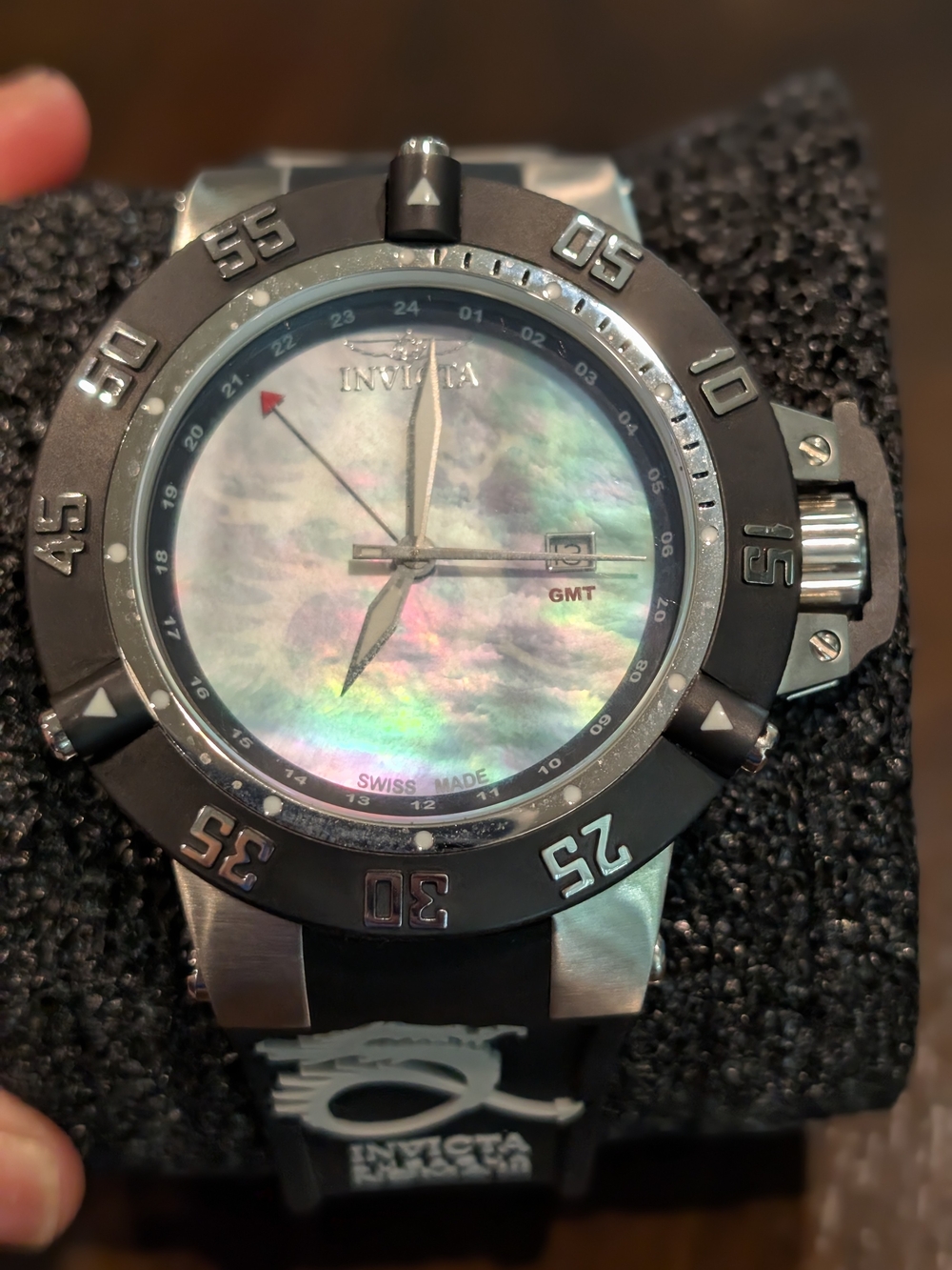 Invicta Men’s GMT Black and Silver Dive Watch with Mother-of-Pearl Dial